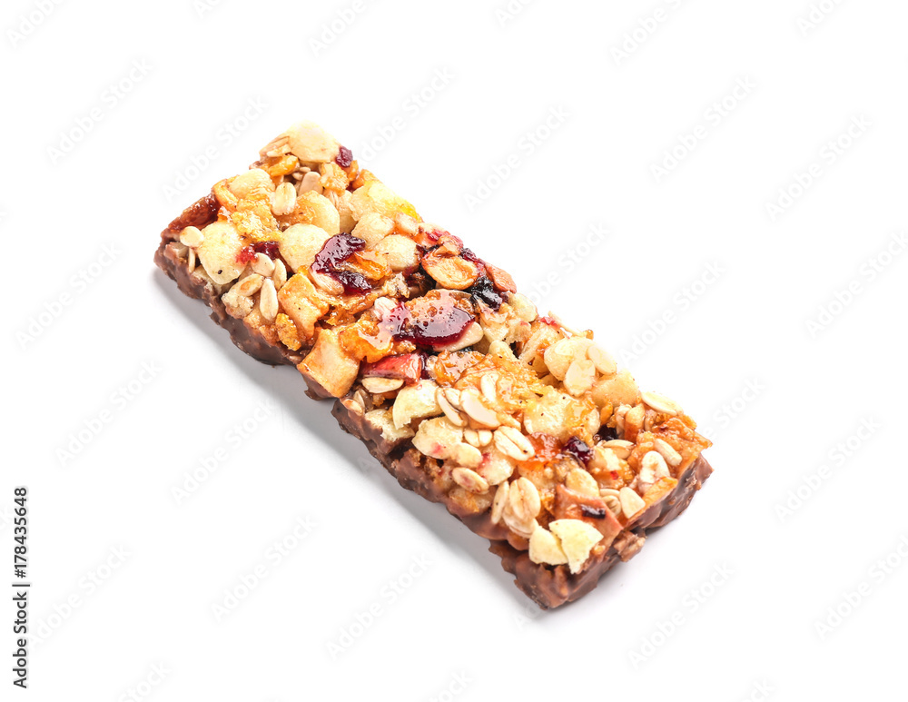 Healthy cereal bar with chocolate on white background Healthy cereal bar with chocolate on white background