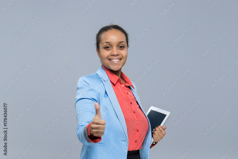 Young Business Woman Hold Tablet Computer African American Girl Thumb Up Approve Isolated Over Gray Background Young Business Woman Hold Tablet Computer African American Girl Thumb Up Approve Isolated Over Gray Background