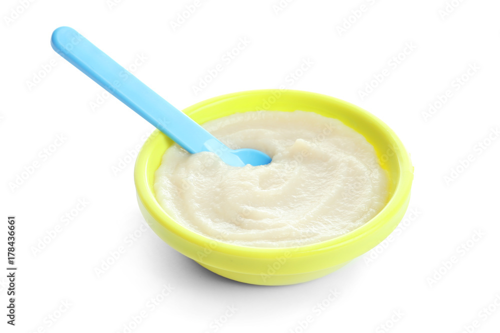 Bowl with baby food on white background Bowl with baby food on white background