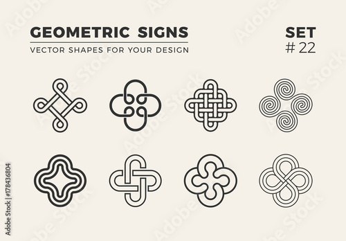 Set of eight minimalistic trendy shapes. Stylish vector logo emblems for Your design. Simple geometric signs collection.