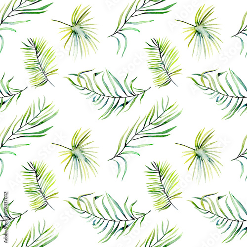 Watercolor green tropical palm leaves and fern branches seamless pattern, hand painted isolated on a white background