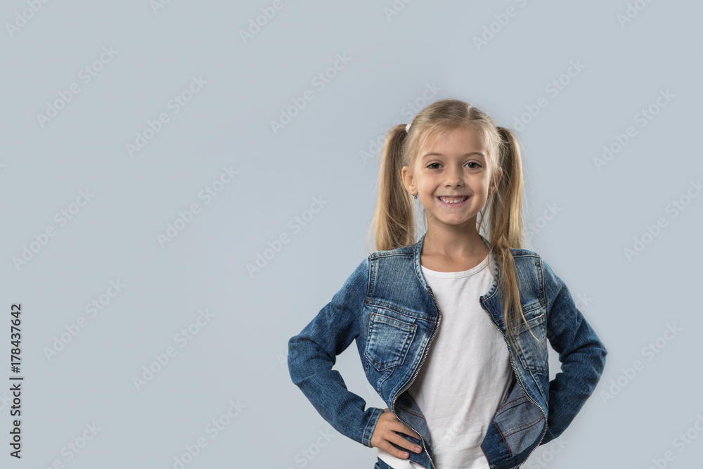 Beautiful Little Girl Happy Smiling Wear Jeans Coat Isolated Over Gray Background Beautiful Little Girl Happy Smiling Wear Jeans Coat Isolated Over Gray Background