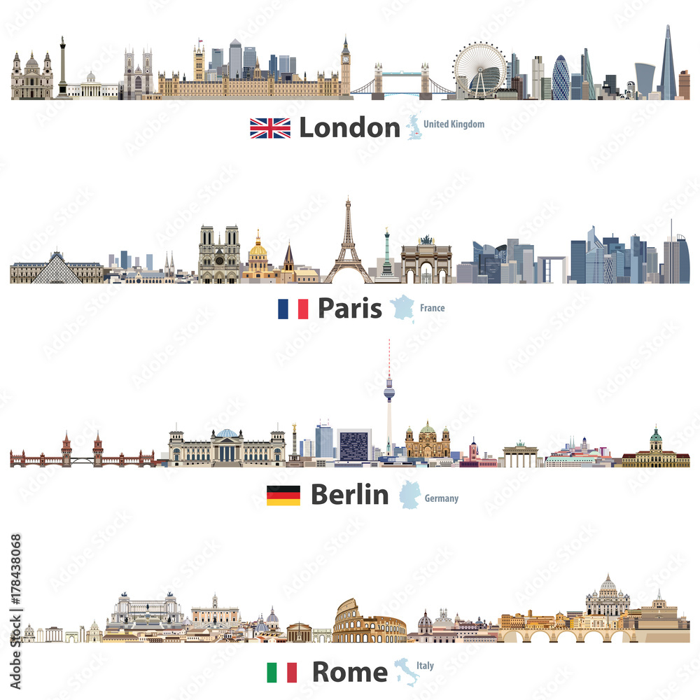 Naklejka premium ilustracja wektorowa sylwetki miasta Londyn, Paryż, Berlin i Rzym na białym tle. Flagi i mapy Wielkiej Brytanii (i Anglii), Francji, Niemiec i Włoch