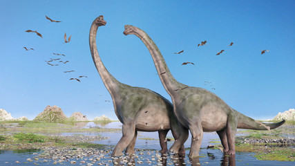 Handdoek met foto Jongenskamer Brachiosaurus en pterosauriërs in jura landschap  © dottedyeti