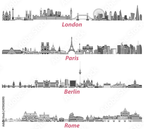 London, Paris, Berlin and Rome city skylines in black and white color palette isolated on white background. Vector illustration