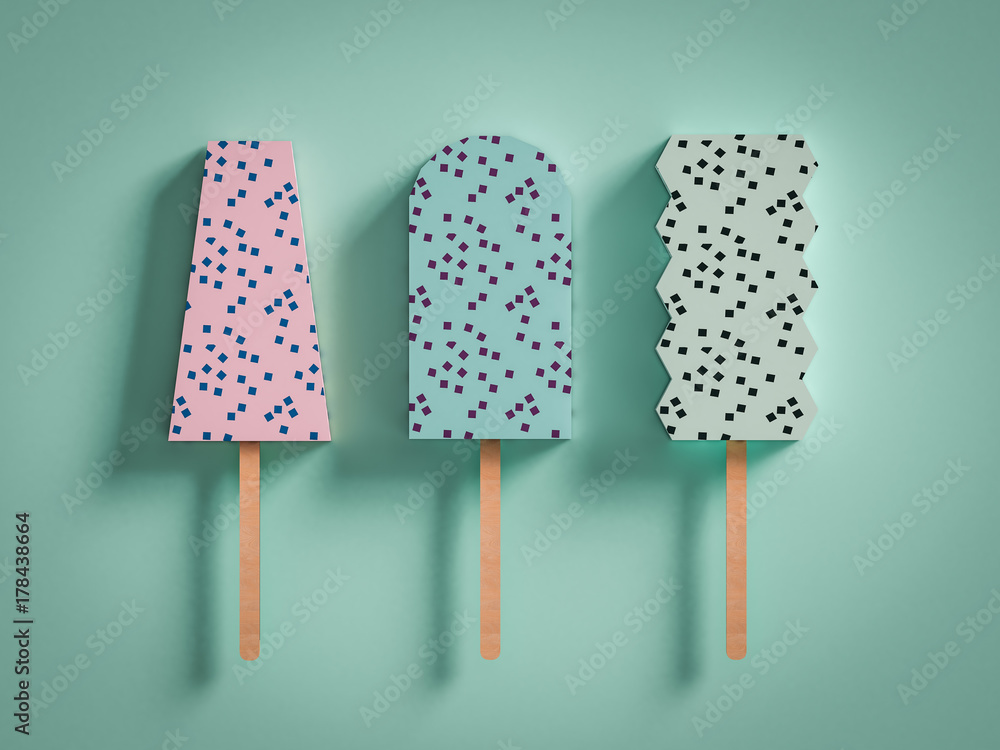 Different food from cardboard on blue background. Cartoon food product packaging. 3D model render Different food from cardboard on blue background. Cartoon food product packaging. 3D model render
