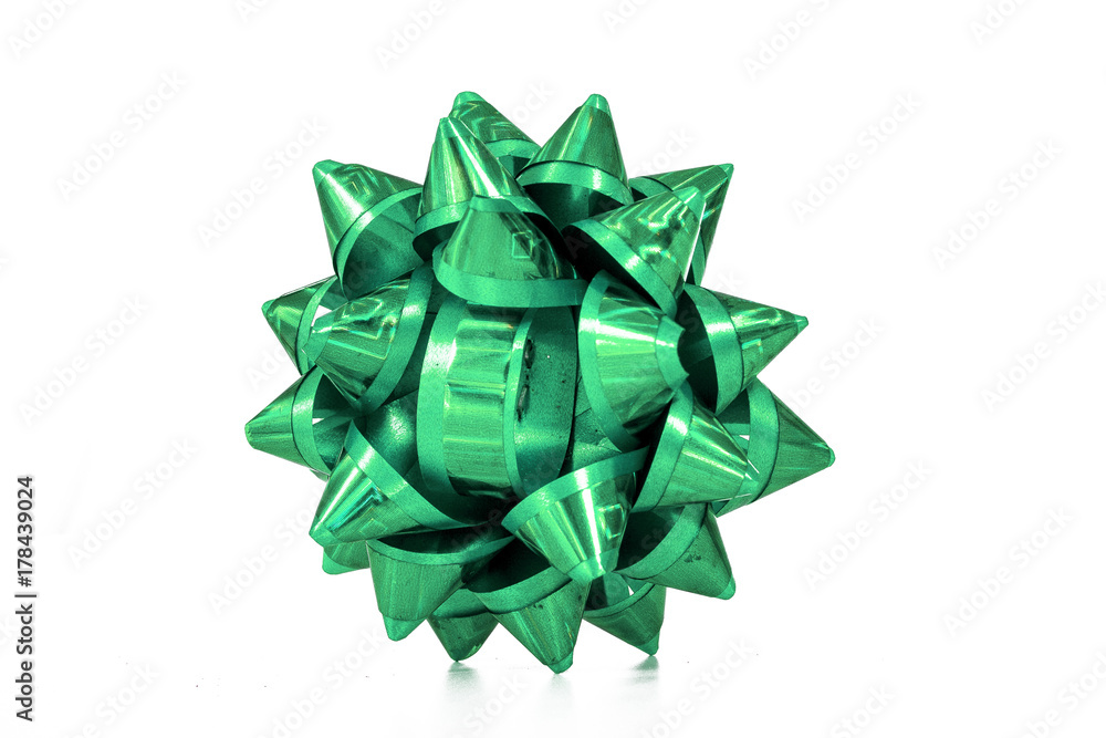 Green gift bow. Surprise presen bow on white isolated background. Birthday christmas . Green gift bow. Surprise presen bow on white isolated background. Birthday christmas .