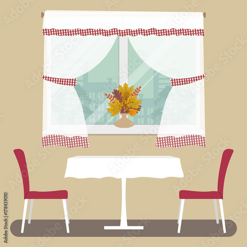 A table with a white tablecloth and two red chairs on a window background. On the windowsill there is a vase with autumn leaves. Vector illustration