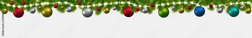 Christmas and New Year banner with fir-trees, garlands and glowing lights. Christmas card, flyer or site header. Christmas and New Year banner with fir-trees, garlands and glowing lights. Christmas card, flyer or site header.