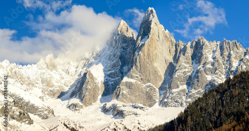 Sunset on the Aiguille du Dru and the Aiguille Verte seen from Les Praz, Chamonix, France.