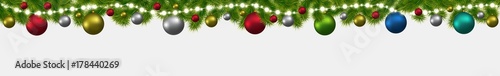 Christmas and New Year banner with fir-trees, garlands and glowing lights. Christmas card, flyer or site header.