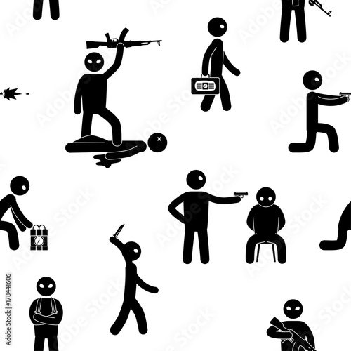 Terrorism concept. Set of terrorist people. Terror world threat. Seamless background. Vector illustration