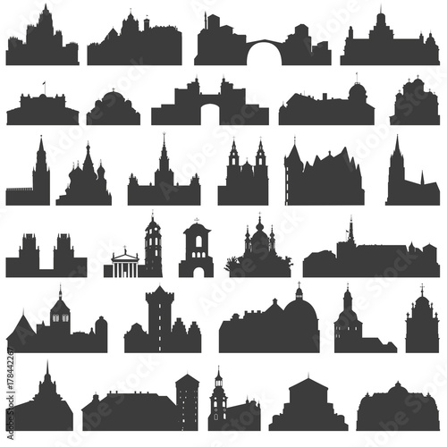 vector collection of isolated palaces, temples, churches, cathedrals, castles, city halls, edifices,  ancient buildings and other architectural monuments silhouettes