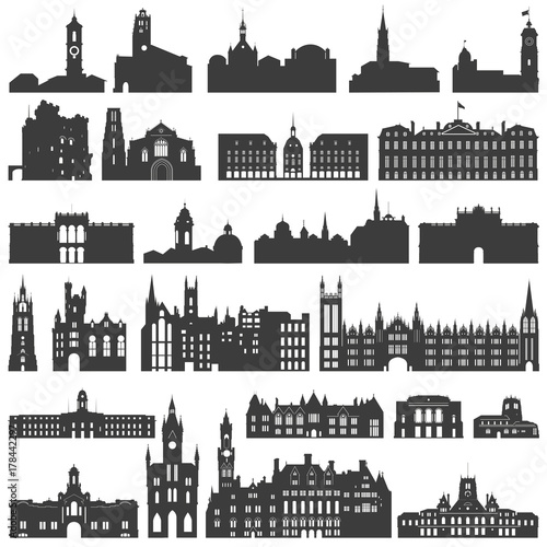 vector collection of palaces, temples, churches, cathedrals, castles, city halls, edifices, ancient buildings and other architectural monuments silhouettes
