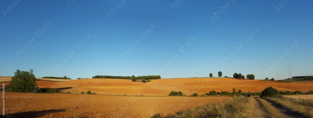 Vista panorámica de Tierras de Cultivo Aradas Recientemente y camino de acceso