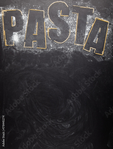 Restaurant menu design for pasta. Poster for pasteria with black board background.  Photo studio shoot. Design concept. photo