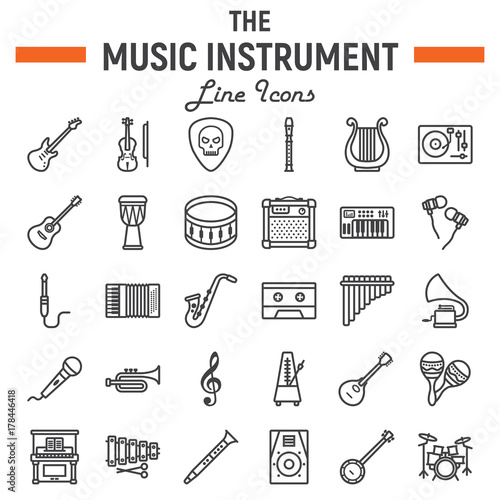 Music instruments line icon set, audio symbols collection, musical tools vector sketches, logo illustrations, signs linear pictograms package isolated on white background, eps 10.