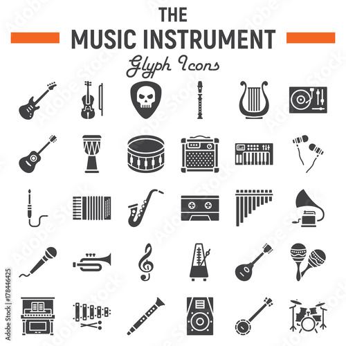 Music instruments glyph icon set, audio symbols collection, musical tools vector sketches, logo illustrations, signs solid pictograms package isolated on white background, eps 10.