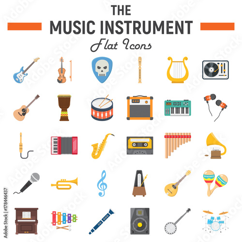 Music instruments flat icon set, audio symbols collection, musical tools vector sketches, logo illustrations, signs colorful solid pictograms package isolated on white background, eps 10.