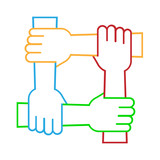 Four hands hold together for the wrist other. Four connected hands. Symbol for togetherness. isolated on white background. Vector illustration.