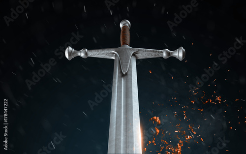 Metal sword on a dark background with snow. 3d render