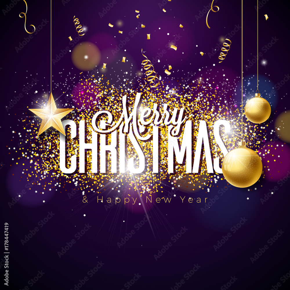 Vector Merry Christmas Illustration on Shiny Bright background with Typography and Holiday Elements. Cutout Paper Stars, Confetti, Serpentine and Ornamental Ball.