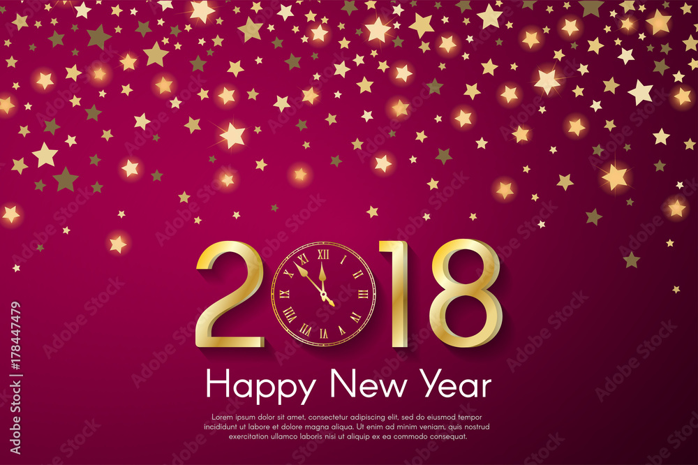 Golden New Year 2018 concept on purple blurry starfall background. Vector greeting card illustration with golden numbers and vintage clock