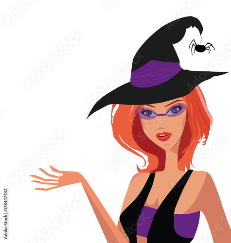Vector illustration of young redheaded adorable witch in hat with spider, fashioned glasses and opened top with hand up isolated on white background. Clip art.