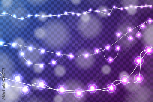 Realistic Christmas lights decorations set isolated on transparent blue and purple background. For greeting cards. Vector illustration