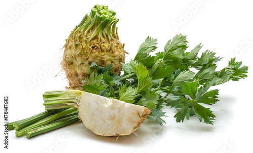 One whole celeriac, one quarter and bunch of fresh celery, isolated on white background photo