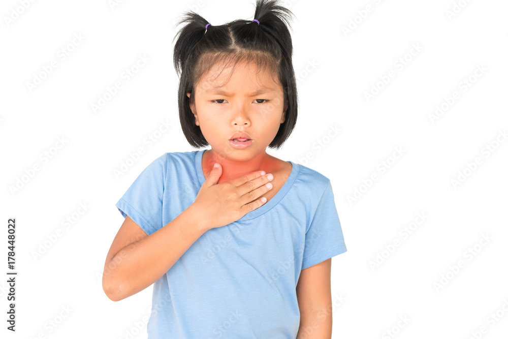 Little girl has sick is sore throat isolate on white background