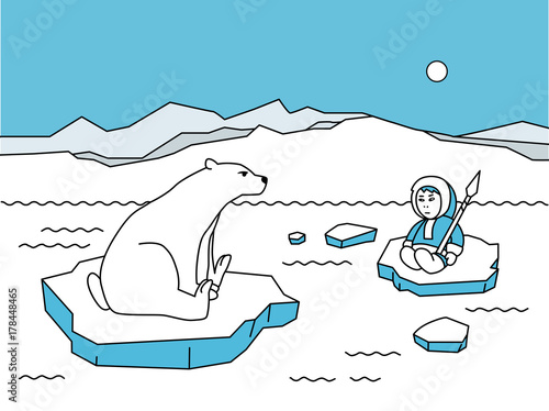 Cartoon polar animals and people. Cartoon character Eskimo, polar bear and penguin vector illustration