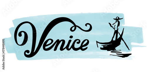 Venice gondola, gondolier rowing oar sign. Italy Travel. Italian man profession. Vector lettering sketch Illustration. Branding Identity Corporate logo