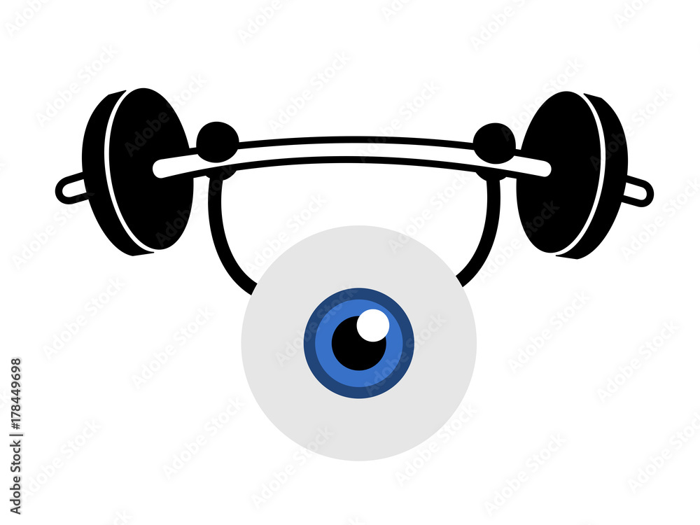Eyeball is doing weightlifting. Exercise, care and training of eye for better eyesight and vision. Vector illustration, comics style. Eyeball is doing weightlifting. Exercise, care and training of eye for better eyesight and vision. Vector illustration, comics style.