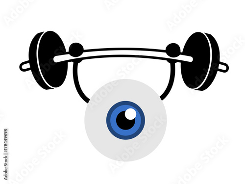 Eyeball is doing weightlifting. Exercise, care and training of eye for better eyesight and vision. Vector illustration, comics style. 