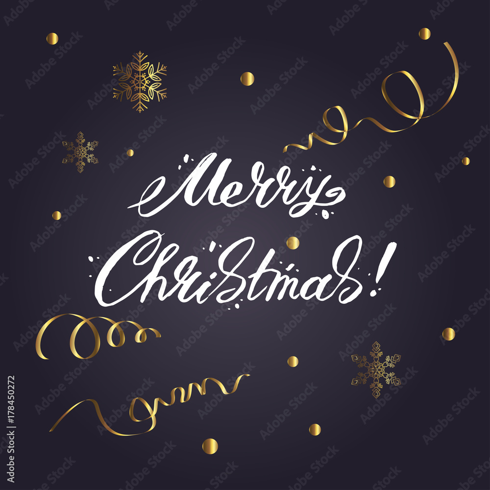 Merry Christmas lettering and christmas elements on a black background. Vector illustration.