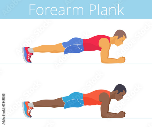 The sporty black and white young men are doing the forearm plank exercise. Flat illustration of caucasian and afroamerican sporty boys are training in the plank posture. Vector active people set.
