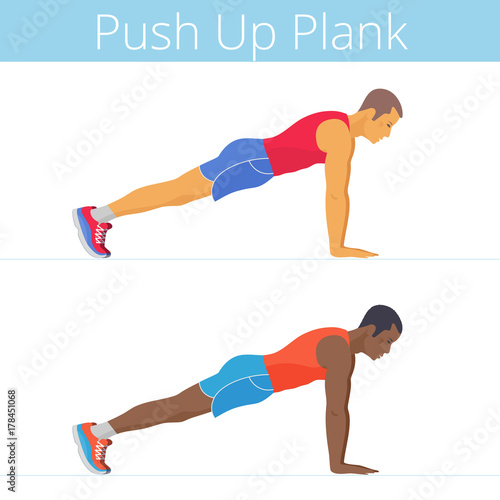 The sporty black and white young men are doing the push up plank exercise. Flat illustration of caucasian and afroamerican sporty boys are training in the plank posture. Vector active people set.