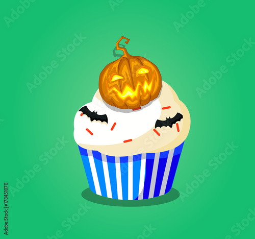 Halloween cupcake with pumpkin jack and bats isolated on green background. Vector illustration  icon  clip art.