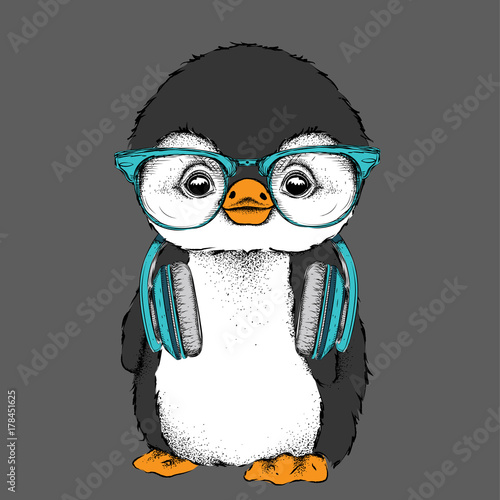 The poster with the image penguin portrait with headphones. Vector illustration.