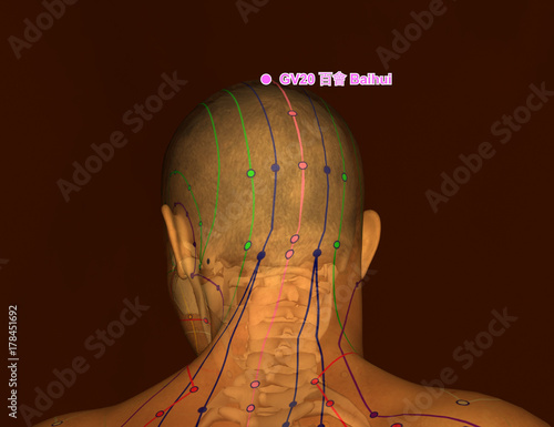 Drawing Acupuncture Point with Skeleton GV20 Baihui, 3D Illustration, Brown Background