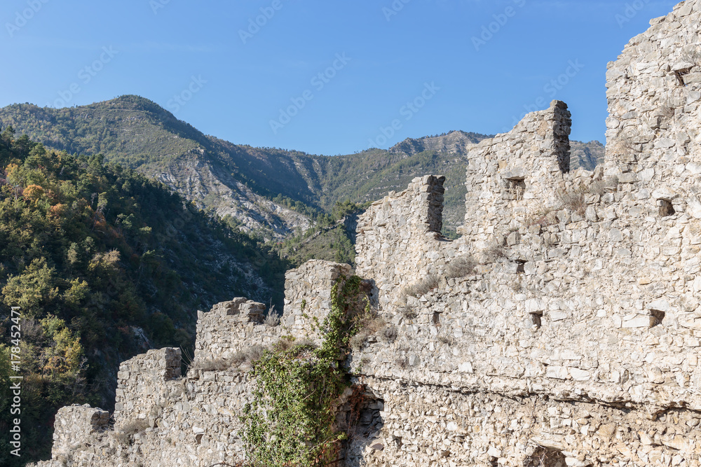 Ancient medieval fortress in village Luseram, Provence Alpes Cote d'Azur, France.
