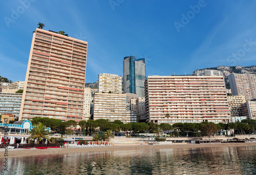 Panoramic view of the beach in Monte Carlo, Monaco. Principality of Monaco is a sovereign city state, located on the French Riviera