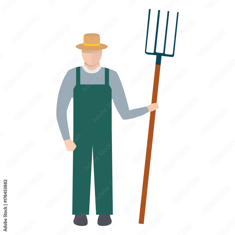 Farmer with a Pitchfork in Hat and Green Overalls