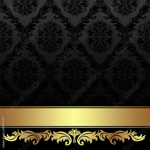 Ornate charcoal damask Background with golden Ribbon.
