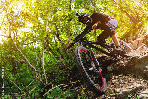 Sport. A cyclist on a bike with a mountain bike in the forest photo
