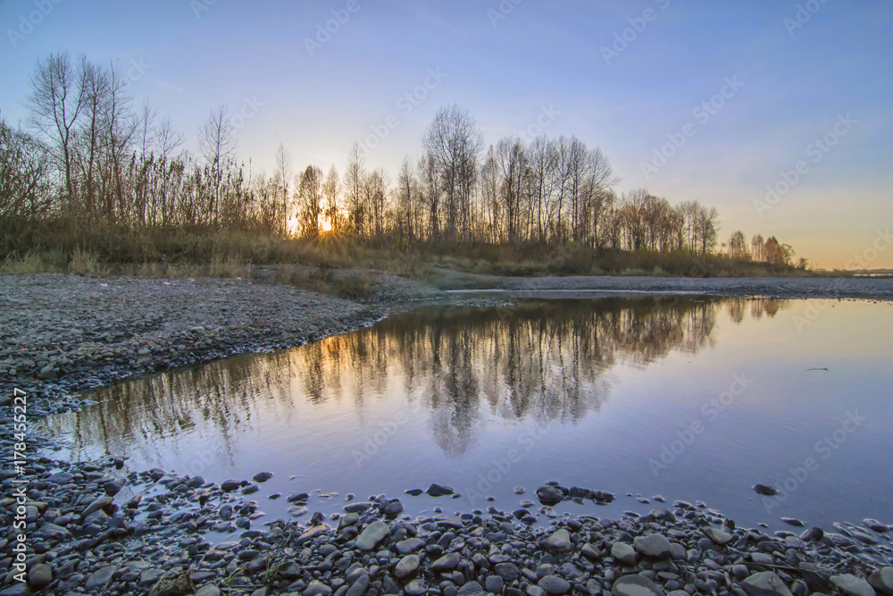 Autumn sunset with river. Horizontal background