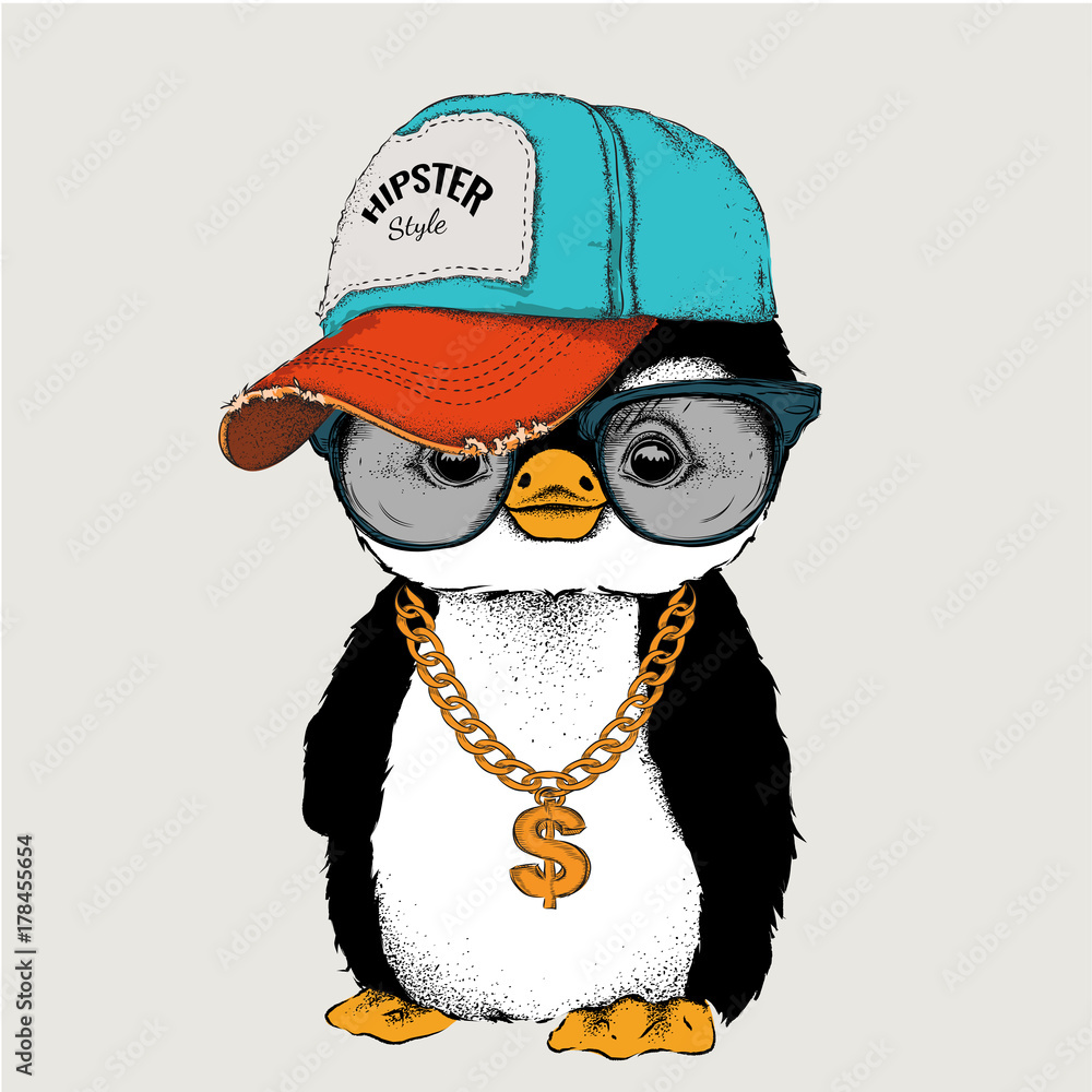 Fototapeta premium Plakat z wizerunkiem portret pingwina w hip-hopowej czapce. Ilustracji wektorowych.
