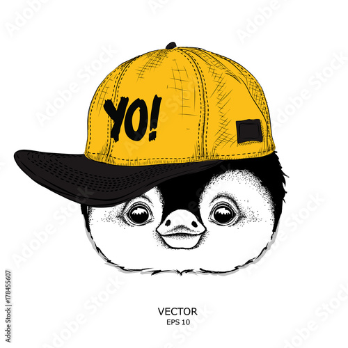 The poster with the image penguin portrait in hip-hop hat. Vector illustration.