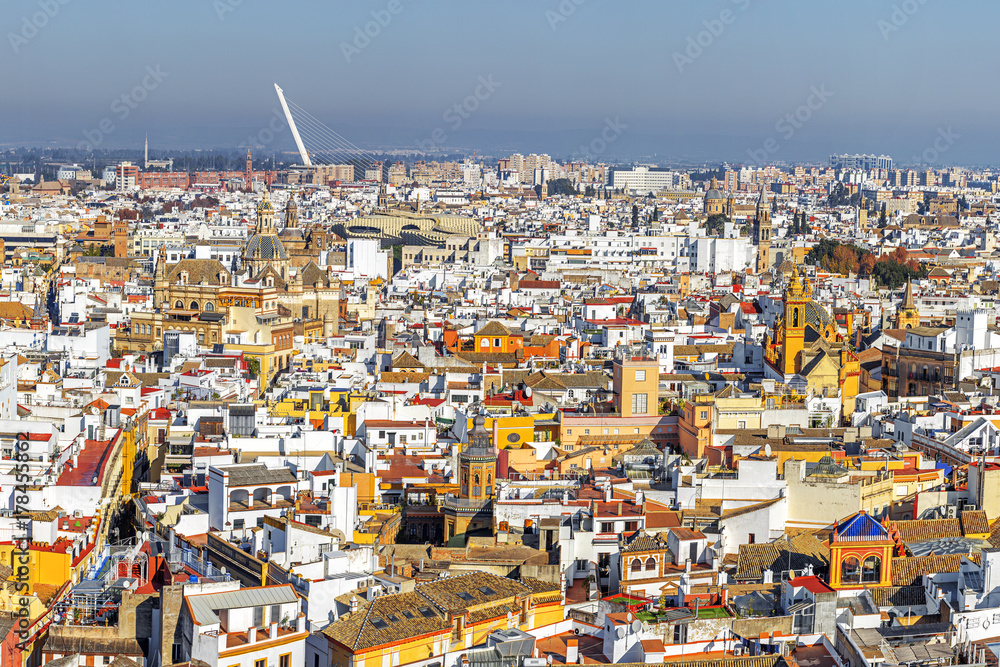 Panoramic View of Seville from the Giralda Cathedral tower, Seville (Sevilla), Andalusia, Southern Spain.